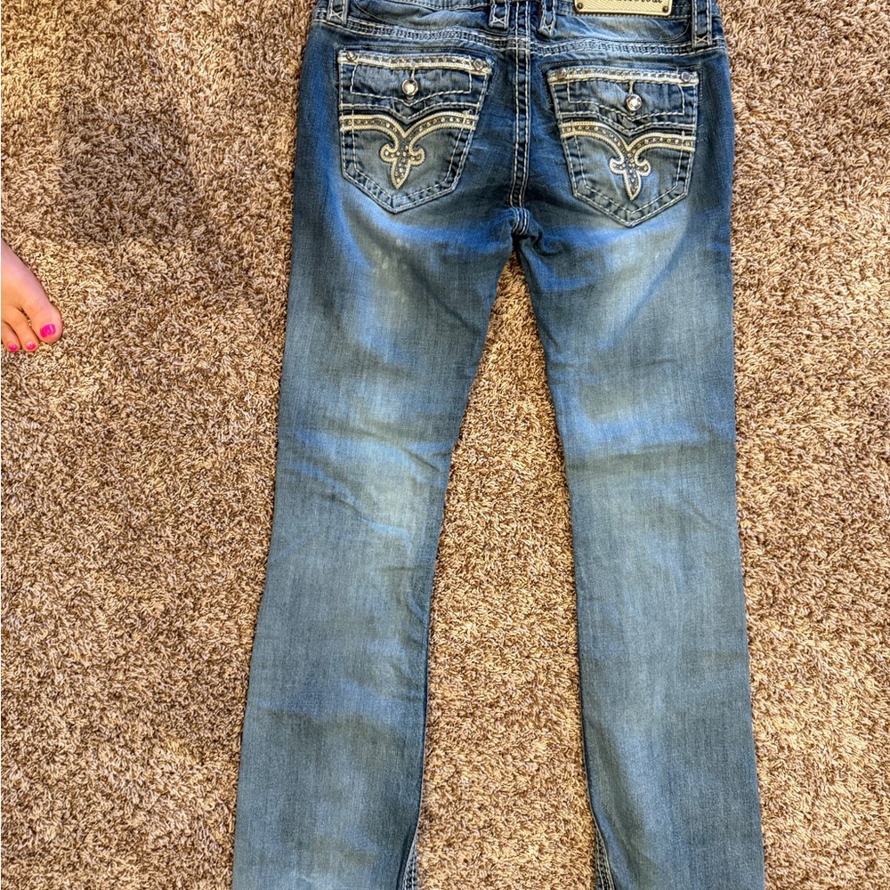 Rock Revival Blue Boot Cut Jeans with Ornate Stitching